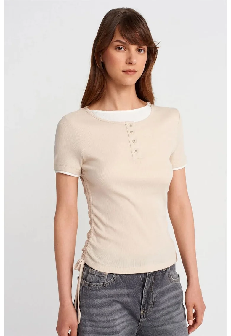 Tricou dama  bumbac, slim fit, detalii cu snur, bej natural