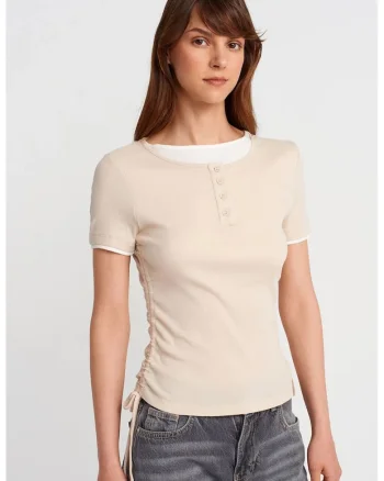Tricou dama  bumbac, slim fit, detalii cu snur, bej natural