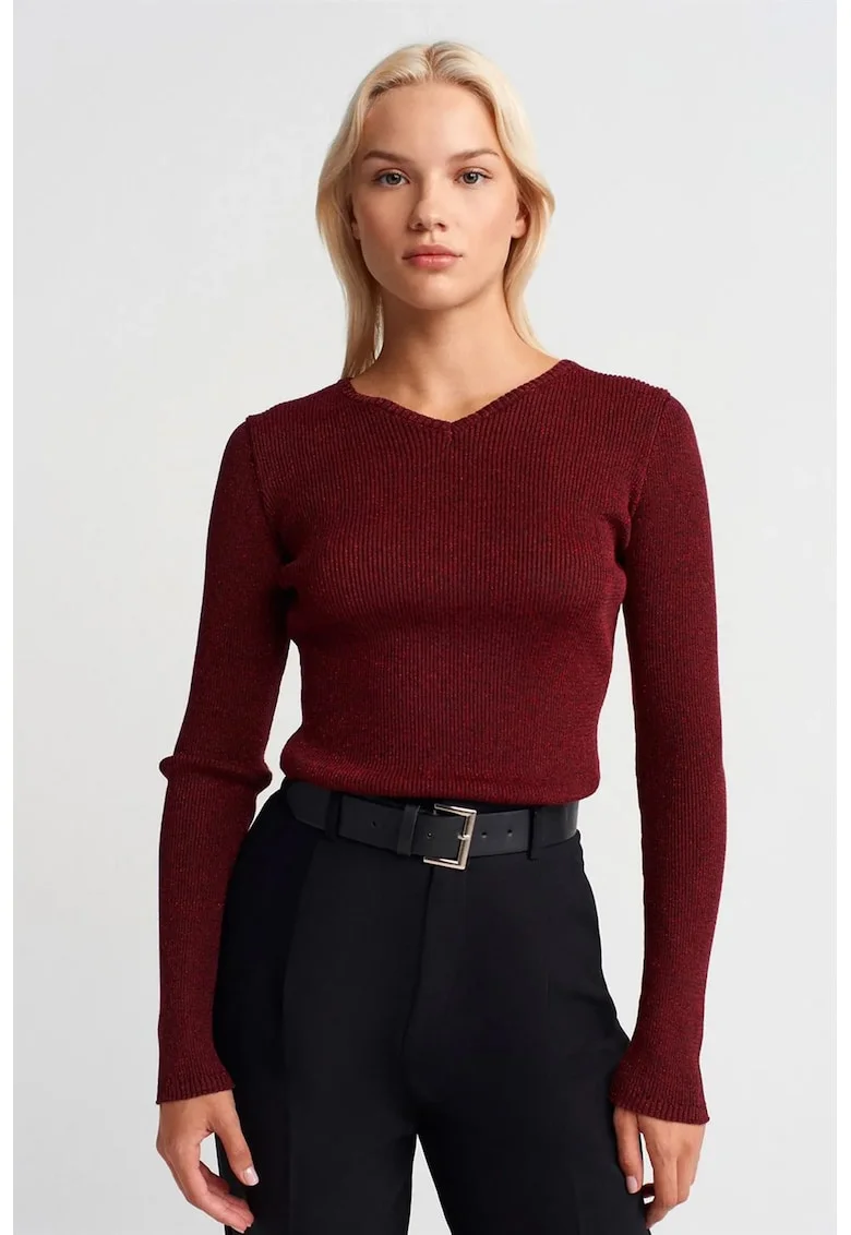 Pulover dama,  slim fit, rosu burgundy, tricot poliester-viscoza, maneci lungi, decolteu in V,