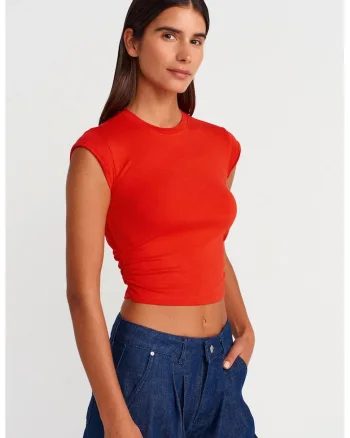 Tricou crop fara maneci,  slim fit, rosu, bumbac-modal-elastan