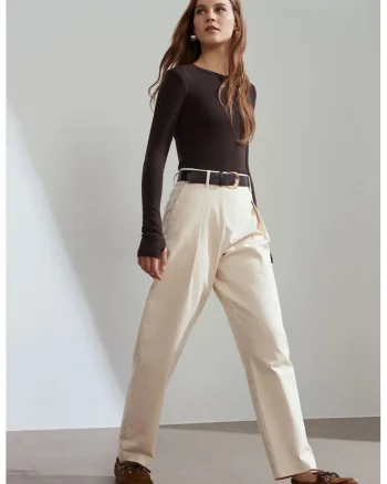 Pantaloni dama,  croiala larga, talie inalta, crem natural, din gabardina