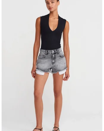 Pantaloni scurti dama,  talie inalta, detalii uzate, gri deschis, denim