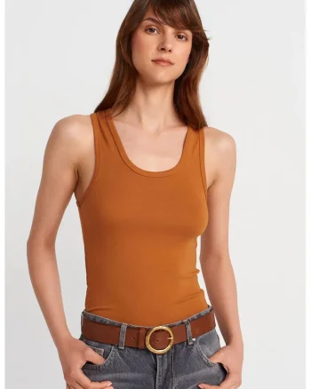 Bluza dama,  fara maneci, casual, maro camel, bumbac-modal-elastan