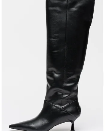 Cizme inalte pana la genunchi din piele cu toc stiletto, Negru