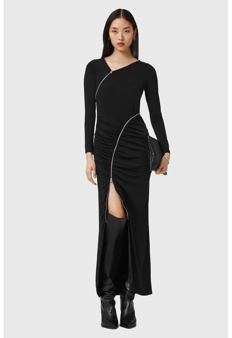 Rochie lunga cu fronseuri si slit frontal, Negru