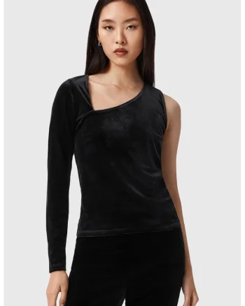 Bluza de catifea cu decolteu pe un umar, Negru
