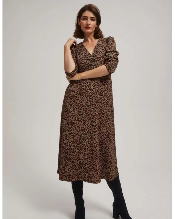 Rochie midi cu imprimeu leopard maro, Maro