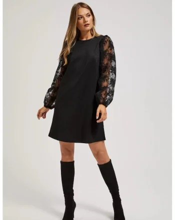 Rochie cu Maneci Din Dantela, Negru