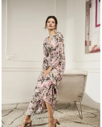 Rochie maxi gri cu model floral, Bej