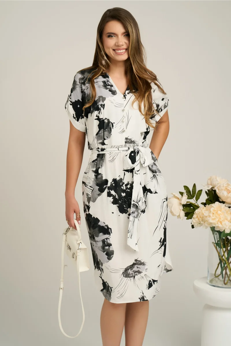 Rochie din viscoza alba cu imprimeuri gri si cordon in talie
