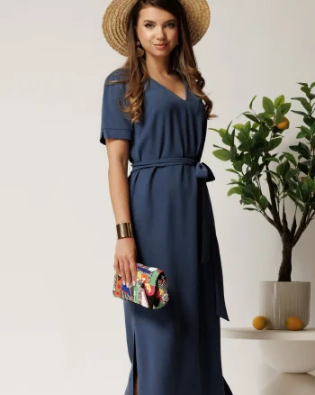 Rochie midi bleumarin din tencel cu croi drept si cordon in talie