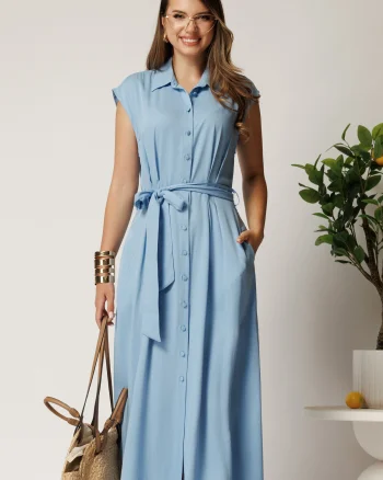 Rochie midi bleu din viscoza cu nasturi si cordon