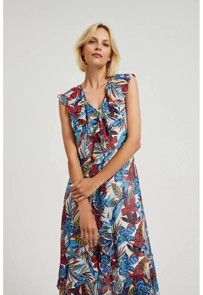 Rochie midi rosie cu flori, Rosu