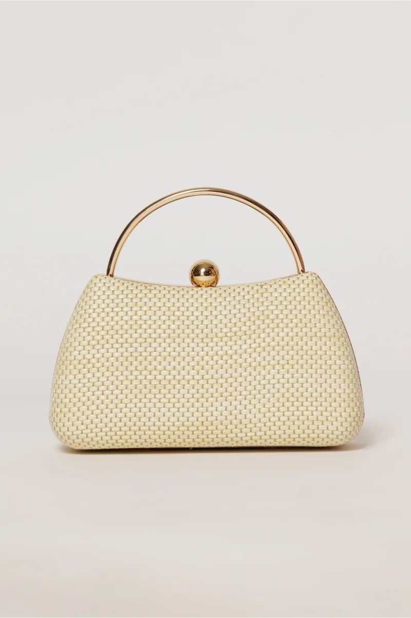 Clutch nude elegant cu maner auriu si design impletit