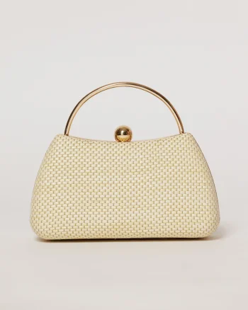 Clutch nude elegant cu maner auriu si design impletit