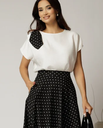Bluza alba din rayon cu funda neagra cu buline