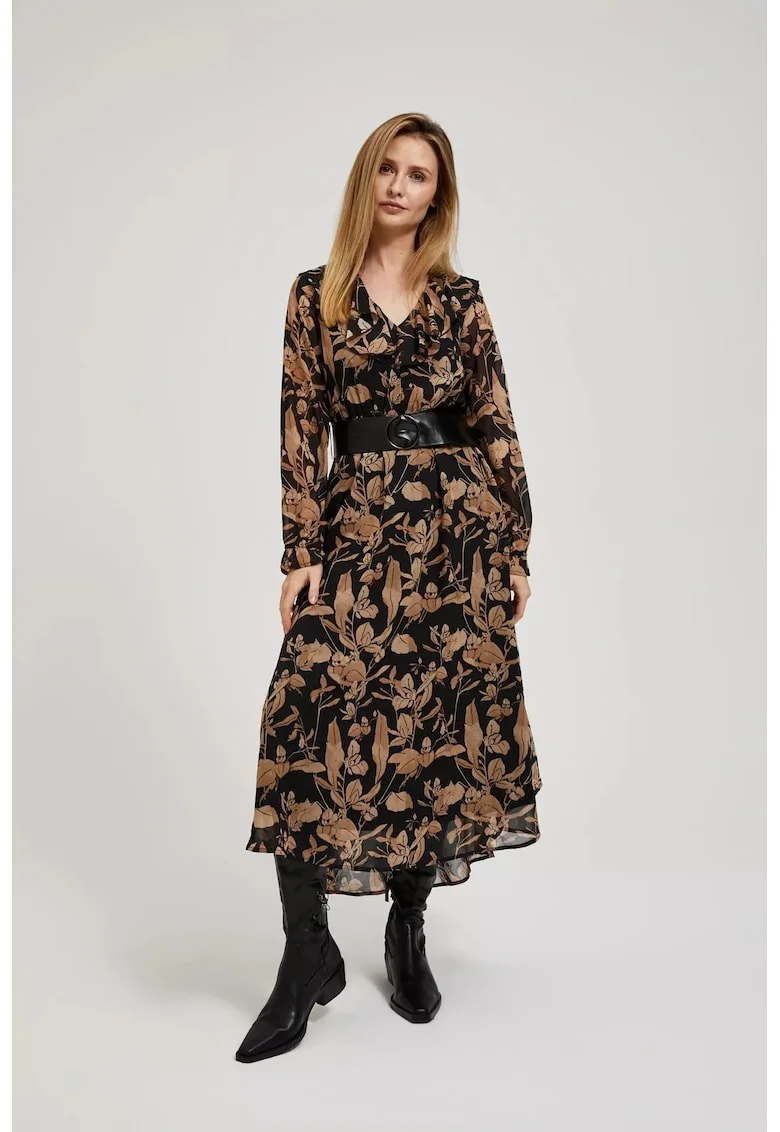 Rochie neagra cu fusta evazata si imprimeu floral, Negru