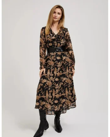 Rochie neagra cu fusta evazata si imprimeu floral, Negru