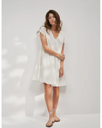 Rochie evazata cu maneci scurte, alba, Alb