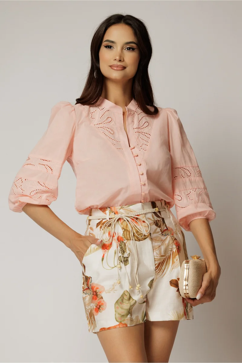 Bluza DY Fashion roz somon din bumbac cu manecile scurte bufante