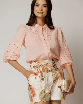 Bluza DY Fashion roz somon din bumbac cu manecile scurte bufante