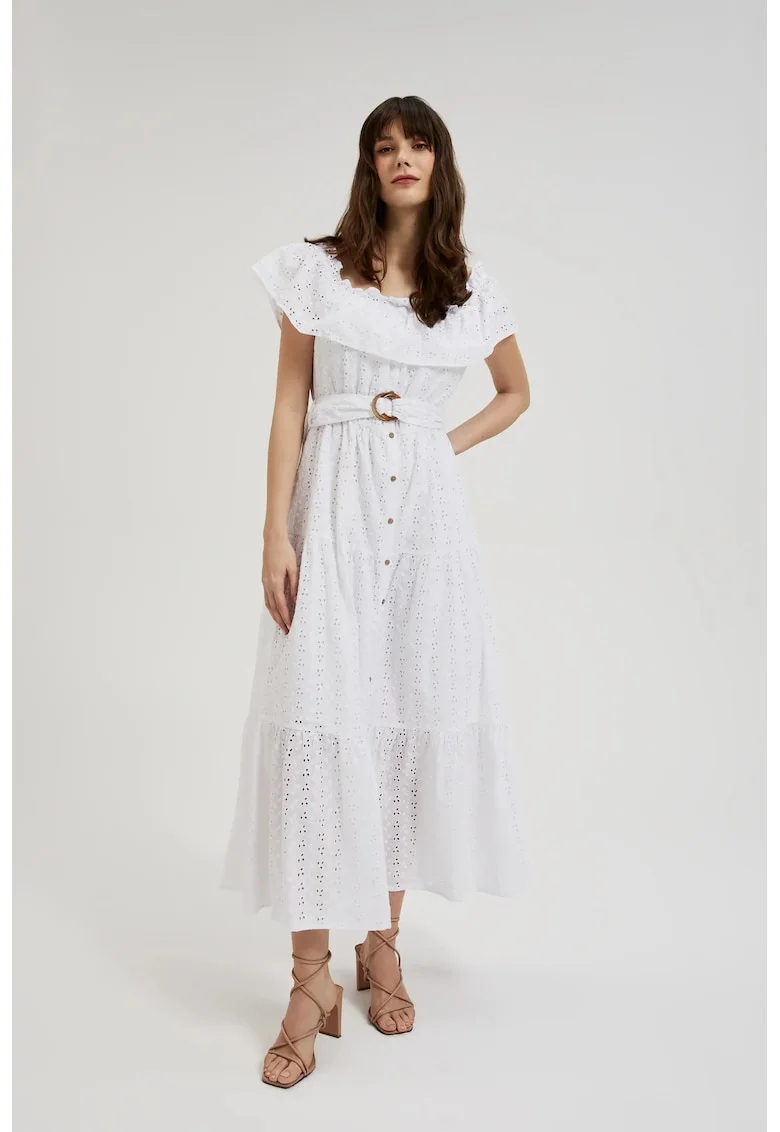 Rochie Midi Alba cu Curea, Alb
