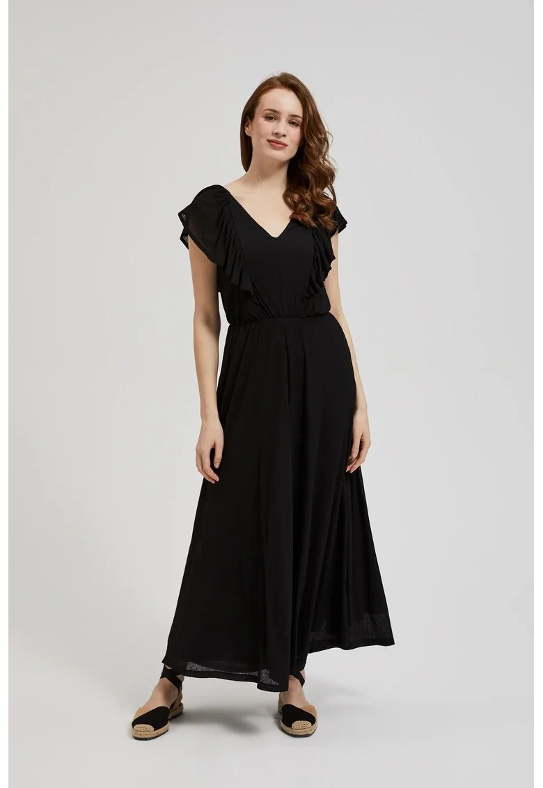 Rochie Maxi Neagra cu Volane, Negru