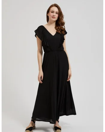 Rochie Maxi Neagra cu Volane, Negru