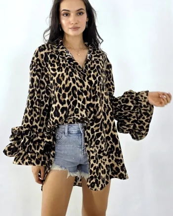 Camasa de ocazie Sugar LoLLy, cu volane si croi supradimensionat, Leopard, Marime S/M/L