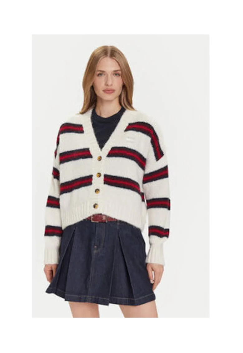 Cardigan dama,  Ecru, 69% acril reciclat, 23% poliester reciclat, 8% lana de alpaca, Rosu/Ecru/Bleumarin