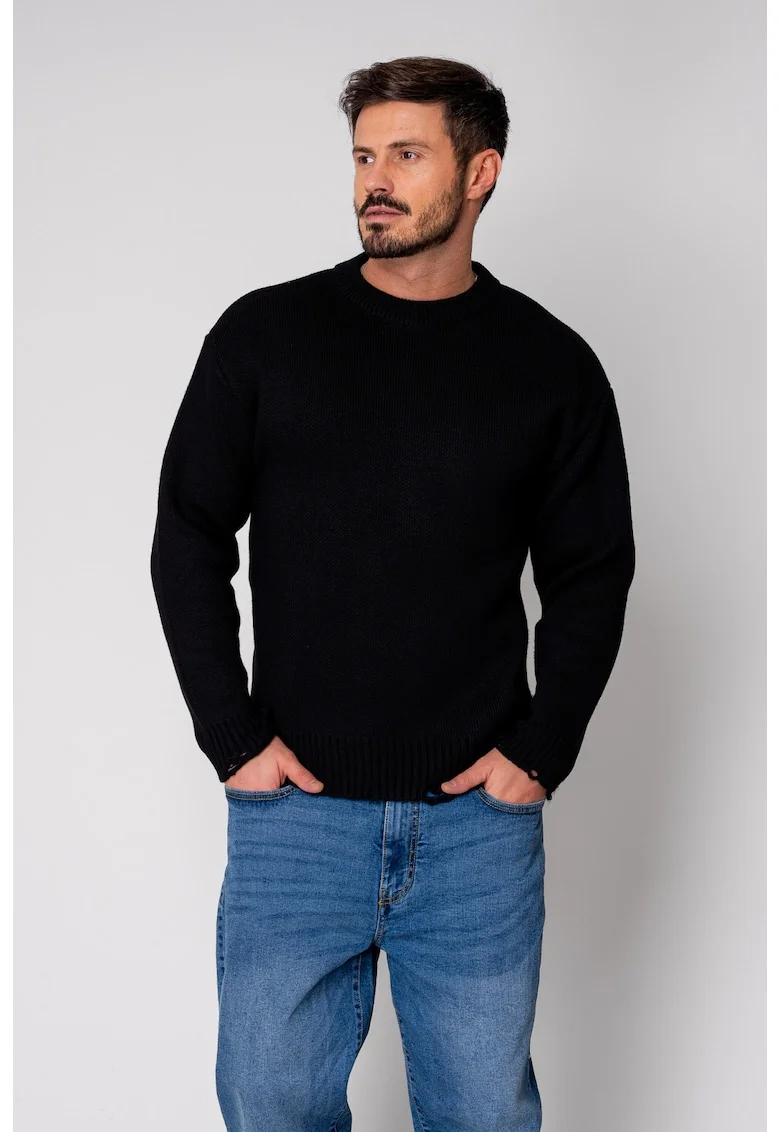 Pulover din mix de lana cu efect de rupturi Black New 19032, Negru