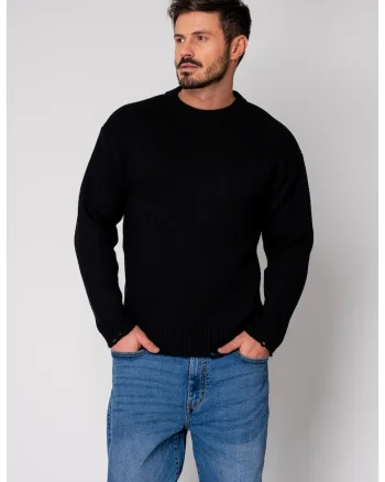Pulover din mix de lana cu efect de rupturi Black New 19032, Negru