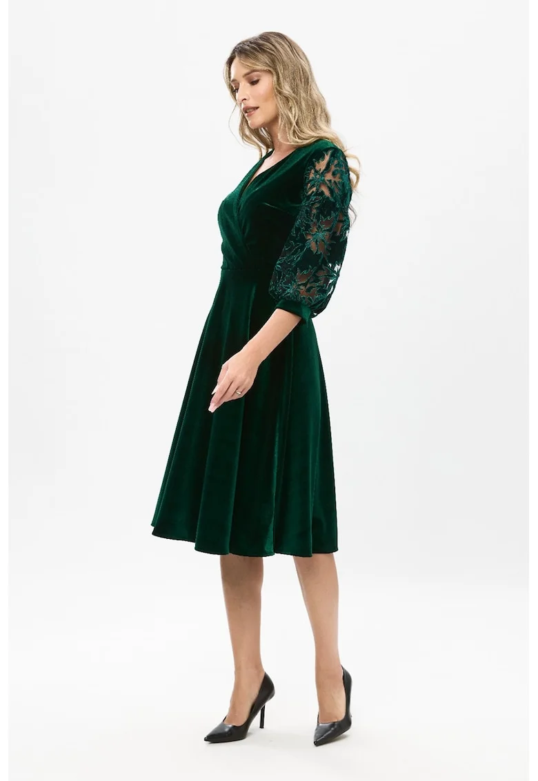 Rochie midi de catifea cu dantela, Verde inchis