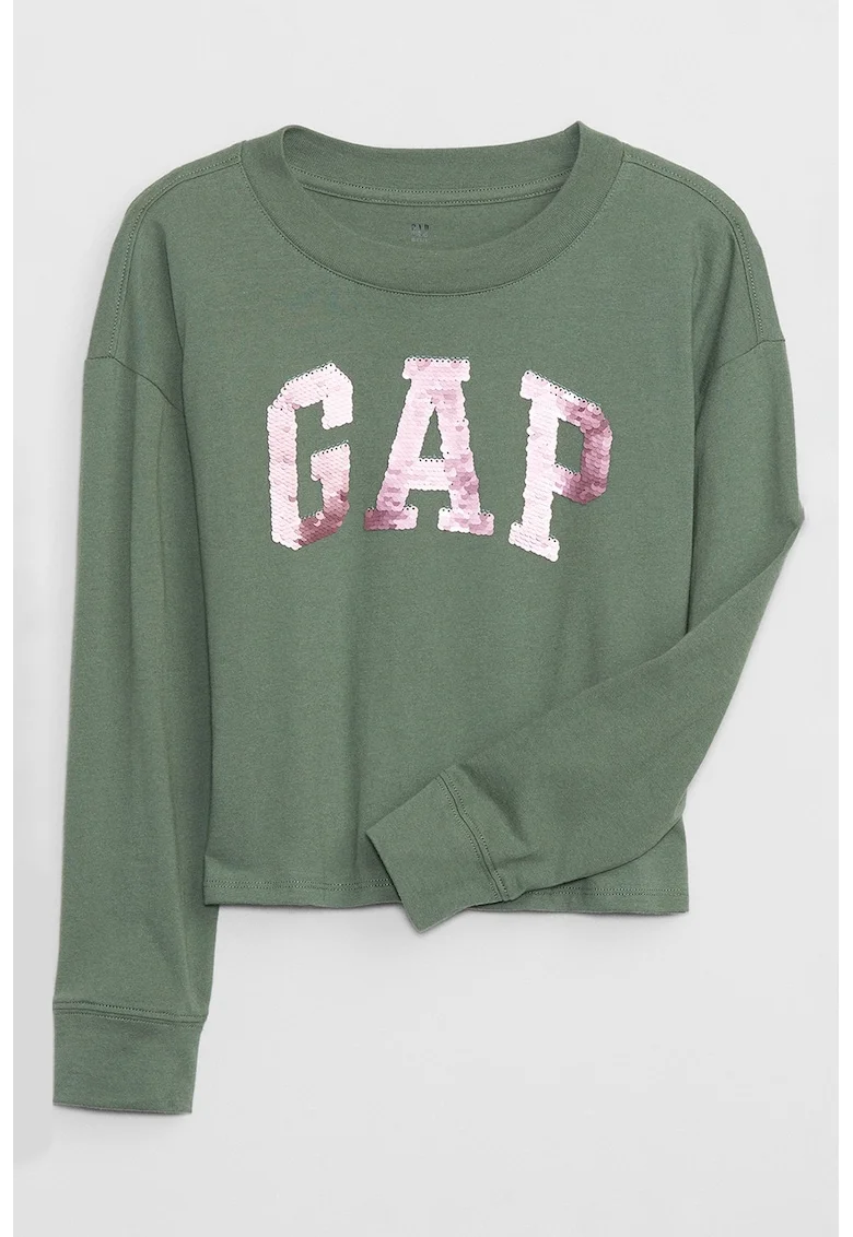 Bluza cu logo si decolteu rotund, Verde aquamarin/Roz prafuit