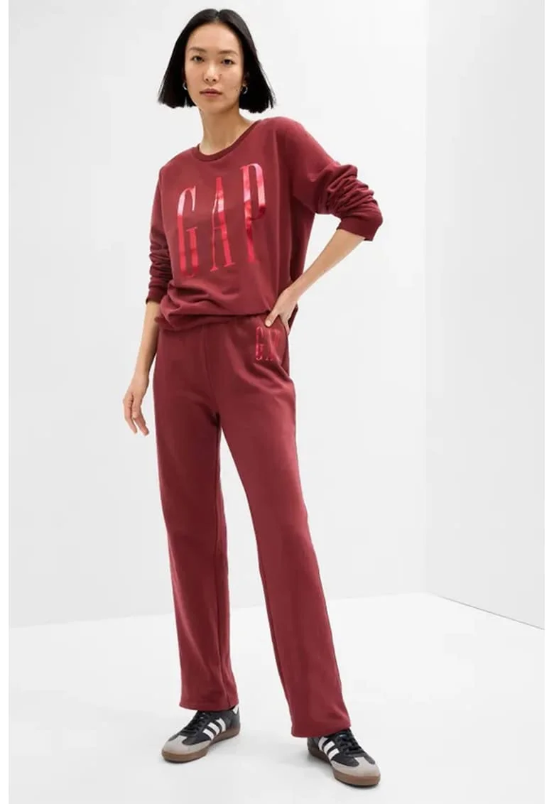 Pantaloni de trening cu croiala dreapta si logo, Rosu inchis