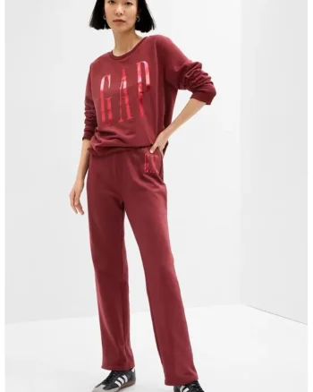 Pantaloni de trening cu croiala dreapta si logo, Rosu inchis