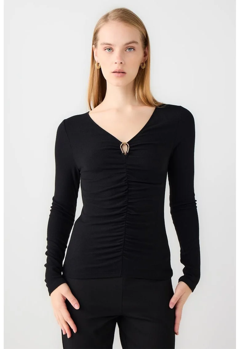 Bluza slim fit cu drapaj frontal, Negru