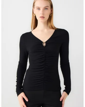 Bluza slim fit cu drapaj frontal, Negru