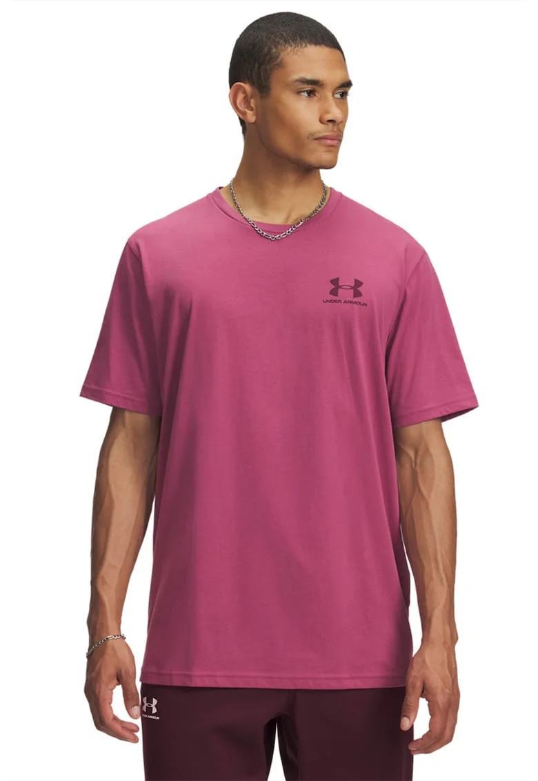 Tricou cu imprimeu logo discret si decolteu la baza gatului, Fucsia