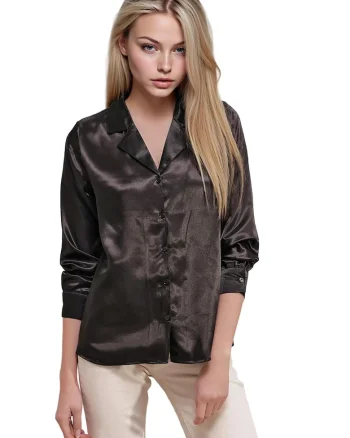 Camasa dama HiCCUP, satin, negru, maneca lunga, Negru
