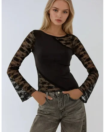 Bluza dama  cu maneca lunga si detalii dantela, Negru