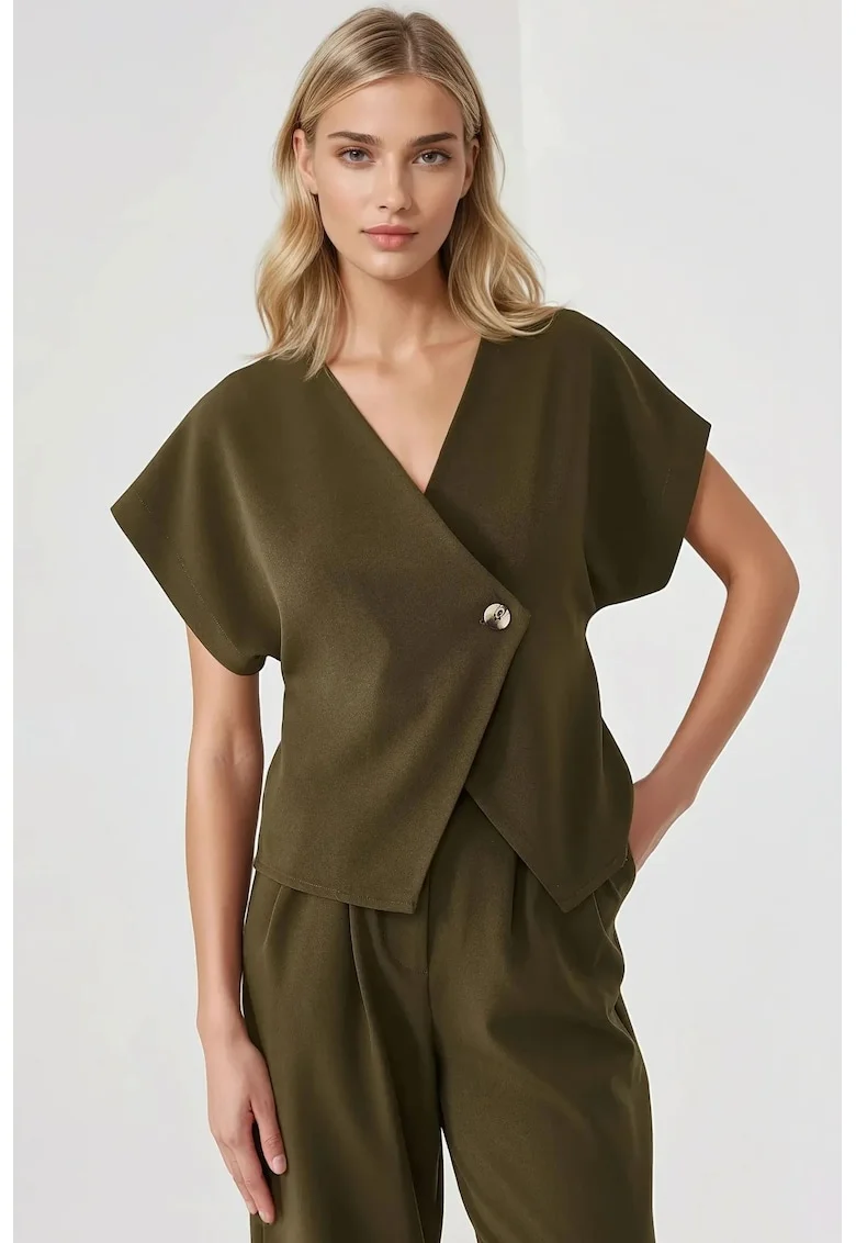 Bluza dama,  ajustata, decolteu in V, textil, Verde