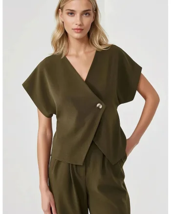 Bluza dama,  ajustata, decolteu in V, textil, Verde