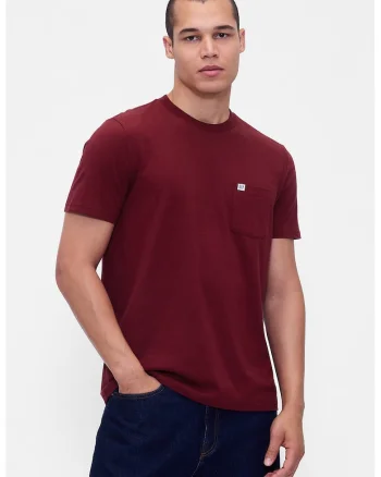 Tricou de bumbac organic cu buzunar pe piept, Rosu inchis