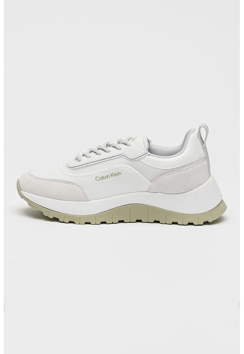 Pantofi sport din piele si plasa, cu aspect masiv, Alb