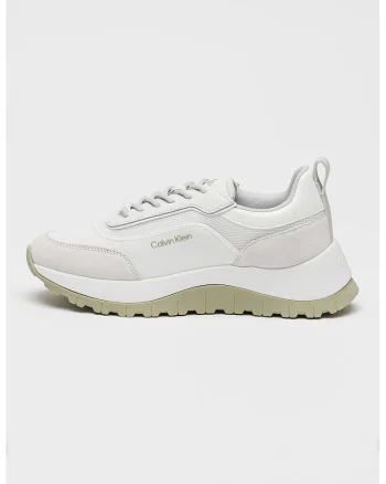 Pantofi sport din piele si plasa, cu aspect masiv, Alb