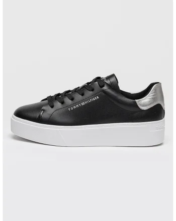 Pantofi sport flatform de piele cu logo, Negru/Argintiu