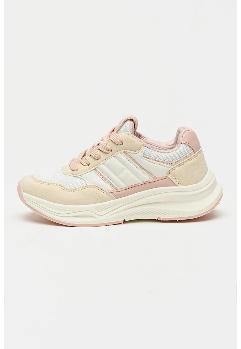 Pantofi sport de piele ecologica si material textil, Alb murdar/Nude