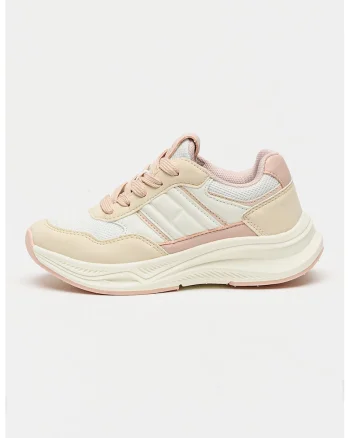 Pantofi sport de piele ecologica si material textil, Alb murdar/Nude
