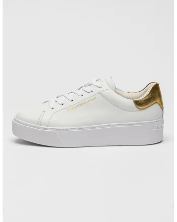 Pantofi sport flatform de piele cu logo, Alb/Auriu